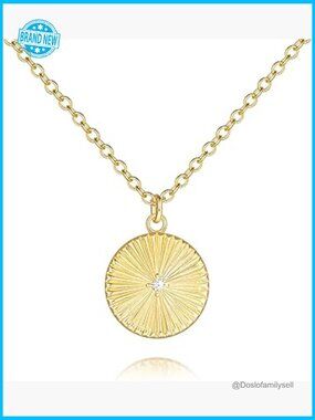14K Gold Pendant Necklace Elegant Disc Sunray Engravings Dainty Chain